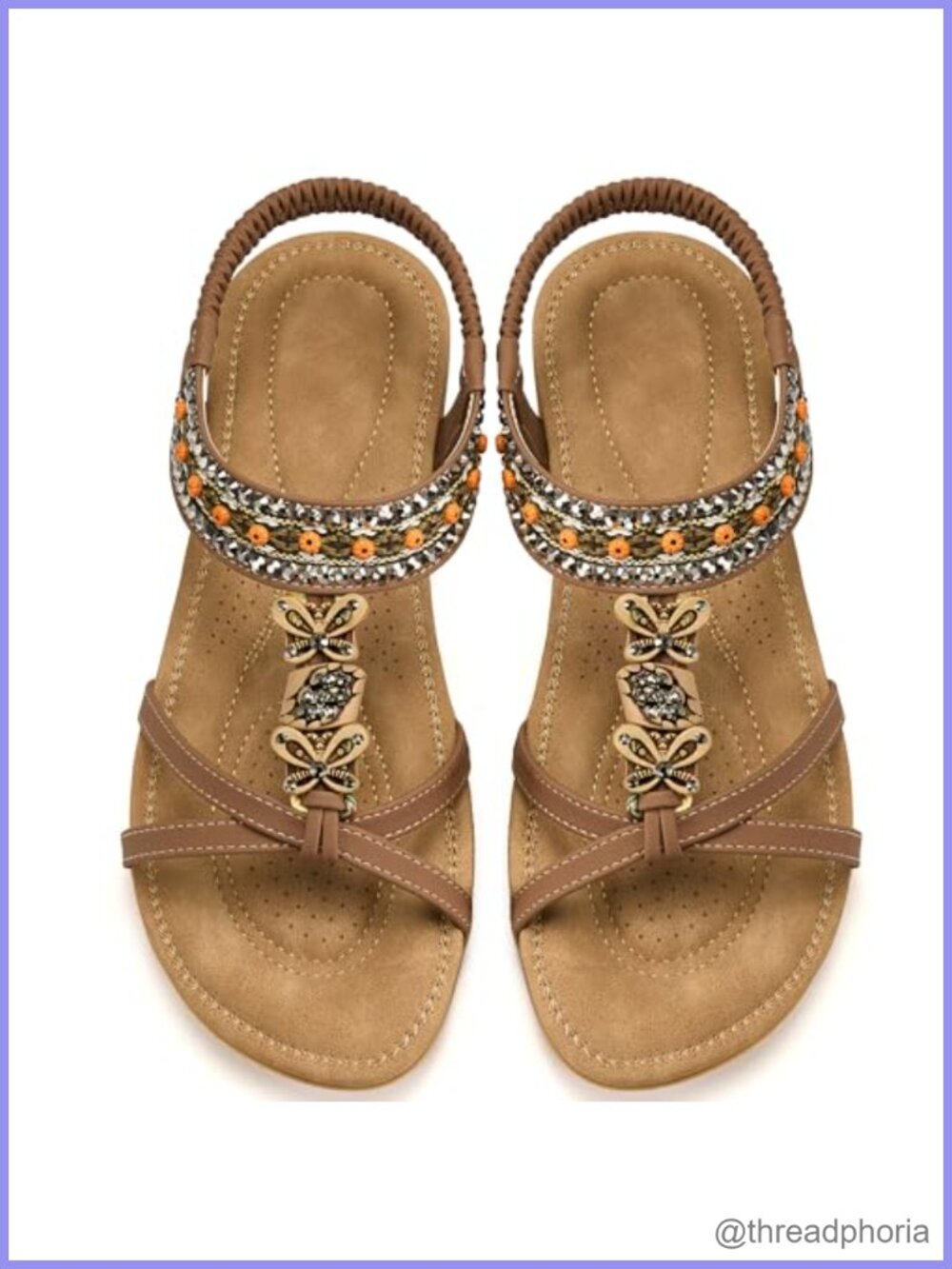 Boho T-Strap Flat Sandals Beaded Elastic Ankle Strap Faux Leather
